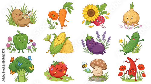 A collection of cute cartoon fruits and vegetables with faces, including potato, carrot, corn, broccoli, and strawberry, set in natural environments.