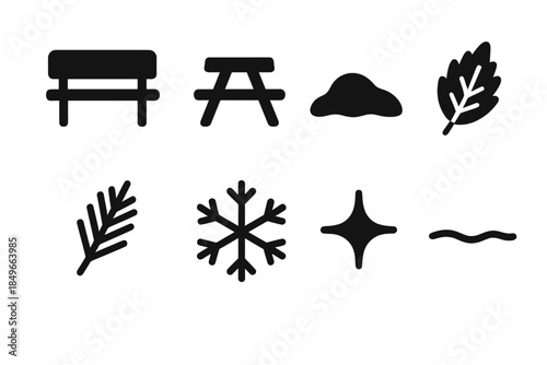 Winter Rest Icons. Winter rest spot. Filled icon set of winter rest spot: bench silhouette, table silhouette,