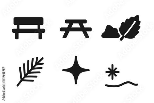 Winter Rest Icons. Winter rest spot. Filled icon set of winter rest spot: bench silhouette, table silhouette,
