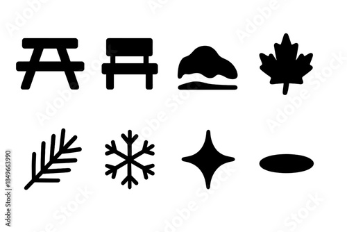 Picnic Spot Icons. Silent picnic spot. Filled icon set of silent picnic spot: picnic table, bench, snow drift,