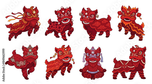 Eight vibrant red Chinese lion dance figures in various dynamic poses, celebrating cultural tradition and festive spirit.