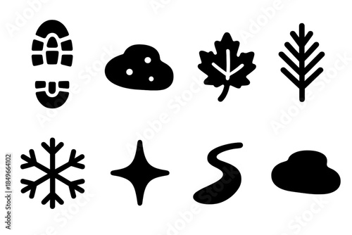 Silent Snow Icons. Silent snow prints. Filled icon set of silent snow prints: shoe print, snow patch, frost