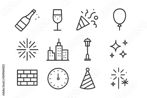 City Party Icons. City midnight party icons. Line outline icon set of City midnight party icons: champagne