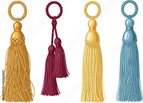 Decorative tassel set illustration, colorful fabric curtain tiebacks, luxury home decor accessories, elegant rope tassels, isolated white background vector design