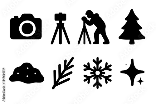 Winter Photography Icons. Outdoor winter photography. Filled icon set of outdoor winter photography: camera,