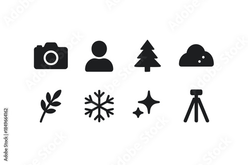 Snowy Icons Collection. Snowy landscape photography. Filled icon set of snowy landscape photography: camera,