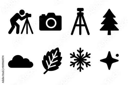 Winter Photography Icons. Winter photography scene. Filled icon set of winter photography scene: photographer,