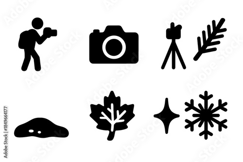 Winter Scene Icons. Capturing winter scenes. Filled icon set of capturing winter scenes: photographer, camera,