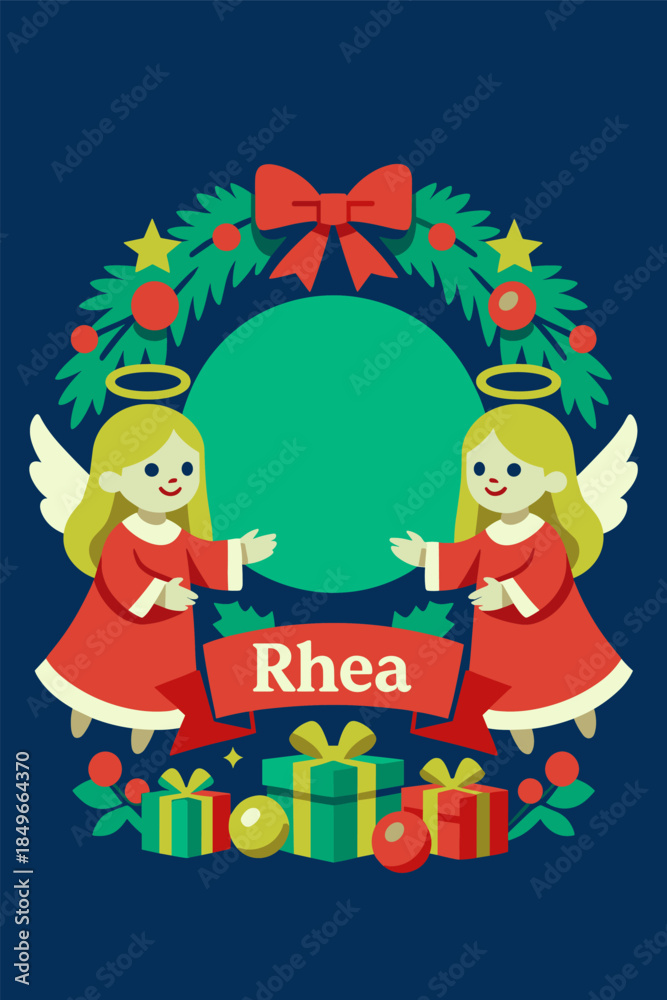 Fototapeta premium Angel pair holding ribbon nameplate beneath green wreath and red bow, cute holiday emblem with wings and ornaments for personalized greeting