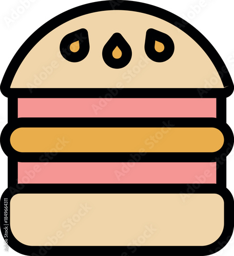 Colorful hamburger icon featuring sesame seeds, patty, and cheese, representing fast food and delicious meals