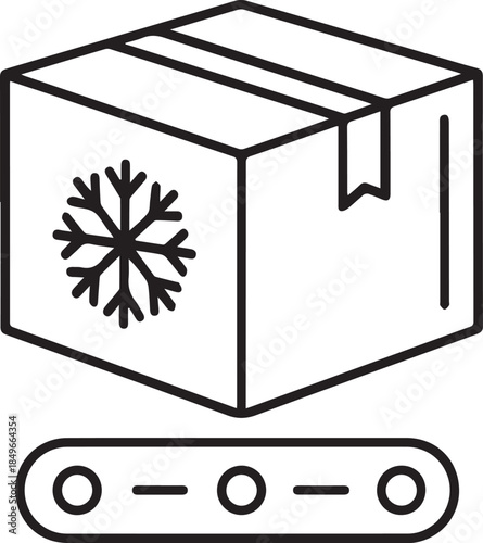 PrintA clean line-art vector of a sealed cardboard box marked with a snowflake icon, positioned above a conveyor belt. It represents cold chain logistics and refrigerated shipping.