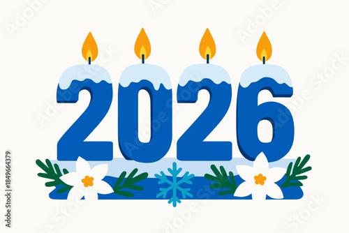 2026 candle new year with bright flames on snowy base and winter blossoms, festive new year cake topper style design for party greeting