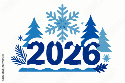 2026 new year under giant snowflake with fir silhouettes and snowdrifts, crisp winter new year symbol for seasonal celebration typography