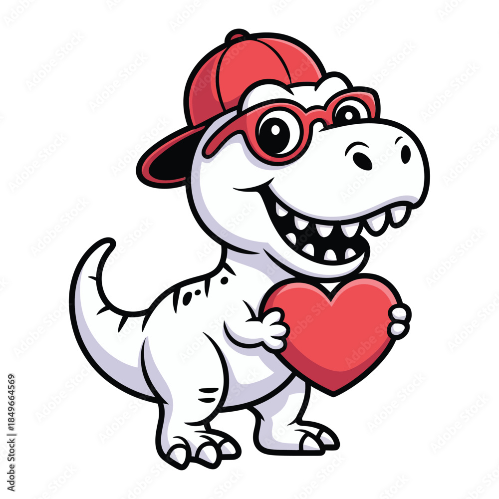 Obraz premium A hand drawn cartoon illustration of a cheerful Tyrannosaurus rex wearing a red baseball cap, red sunglasses. The T-Rex holds a red heart in its arms.