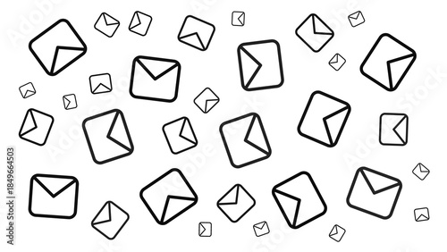 Quadro su tela A black and white illustration featuring numerous scattered envelope icons of various sizes, representing mail, communication, or digital messages