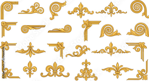 Luxury gold ornamental elements set, vintage baroque flourishes, decorative corners and dividers, classic royal frame design, isolated white background vector