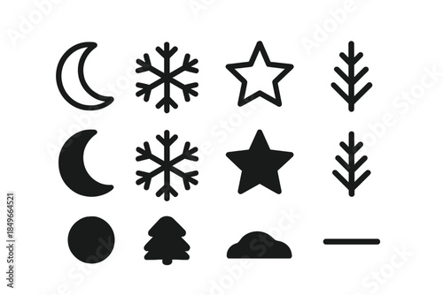 Minimal Winter Icons. Minimal winter night. Filled icon set of minimal winter night: moon outline, snowflake,