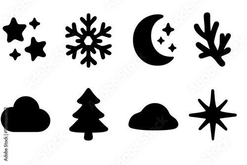 Starry Winter Icon Set. Starry winter icons. Filled icon set of starry winter icons: star cluster, snowflake,