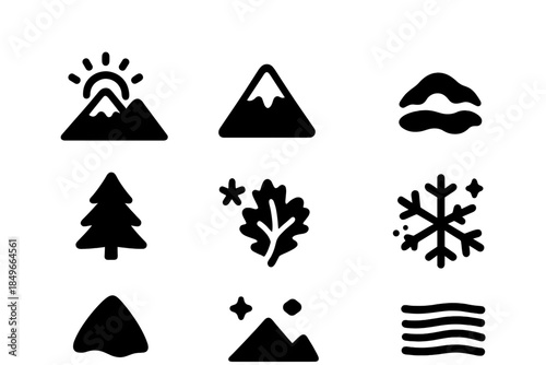 Snowy Sunrise Icons. Snowy sunrise peaks. Filled icon set of snowy sunrise peaks: sun glow, mountain peak,
