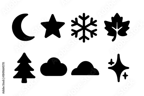 Winter Icon Collection. Winter nocturne. Filled icon set of winter nocturne: moon, star, snowflake, frost leaf