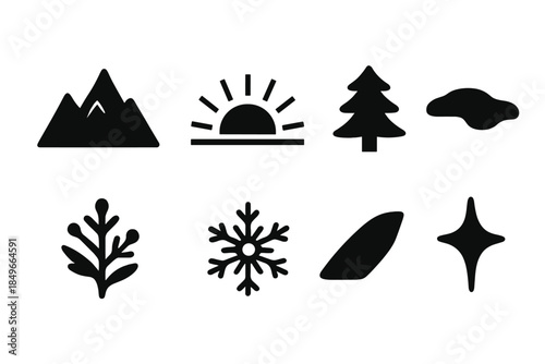 Frosty Sunrise Icons. Frosty sunrise peaks. Filled icon set of frosty sunrise peaks: mountain silhouette,