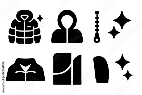 Shiny Outerwear Icons. Shiny outerwear. Filled icon set of shiny outerwear: glossy jacket, hood outline,