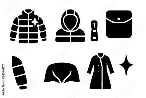 Metallic Fashion Icons. Metal shine apparel. Filled icon set of metal shine apparel: shiny jacket, hood arc,