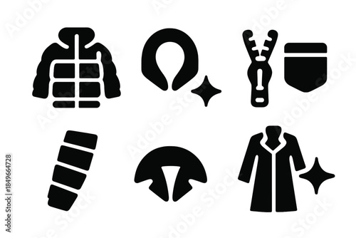 Metallic Fashion Icons. Metal shine apparel. Filled icon set of metal shine apparel: shiny jacket, hood arc,