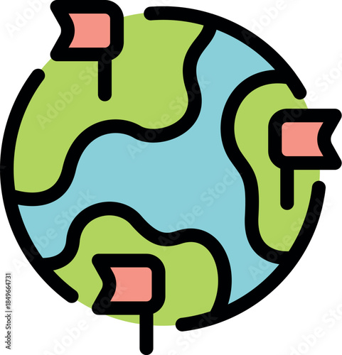 Flags pinpoint locations on a stylized earth globe, symbolizing global connections, international business, travel, and exploration