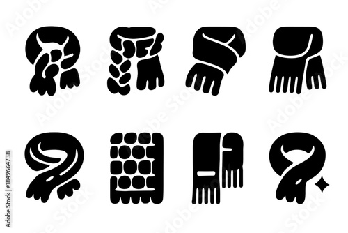 Chunky Knit Scarf Icons. Chunky knit scarves. Filled icon set of chunky knit scarves: chunky scarf, heavy