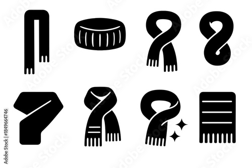 Winter Scarf Icons. Winter scarf fashion. Filled icon set of winter scarf fashion: long scarf, knit band,