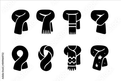 Cozy Scarf Icons. Cozy oversized scarves. Filled icon set of cozy oversized scarves: soft scarf, fringe, knit
