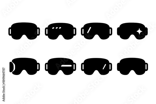 High-Tech Snow Goggles Icons. High-tech snow goggles. Filled icon set of high-tech snow goggles: wide visor,