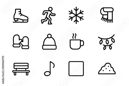 Winter Ice Icon Set. Public square ice fun. Line outline icon set of Public square ice fun: ice skate, skater