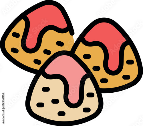 Three churro pastries are being drizzled with sweet chocolate and strawberry sauce, creating a tempting dessert