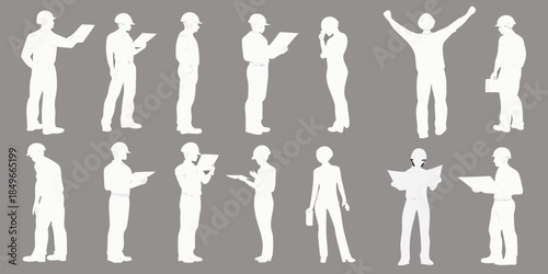Silhouettes of people in various poses holding documents or celebrating victory