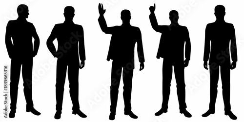 Silhouettes of six men in suits some with arms raised in a group