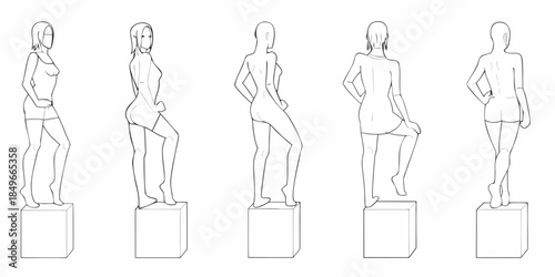 Five female mannequins in various poses on white platforms line art style