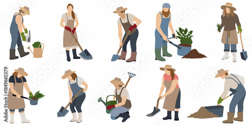 A collection of diverse gardeners working with plants and tools outdoors