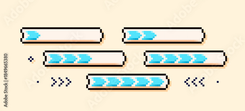 Pixel art percentage scale. Blue loading game bars.