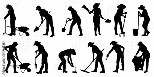 Silhouettes of people gardening a collection of various poses and tools