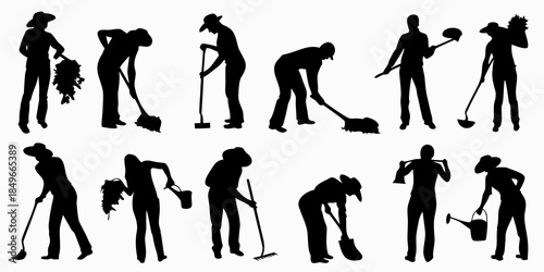 Silhouettes of people performing various cleaning and gardening tasks outdoors
