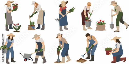 Diverse group of gardeners tending to plants and flowers outdoors