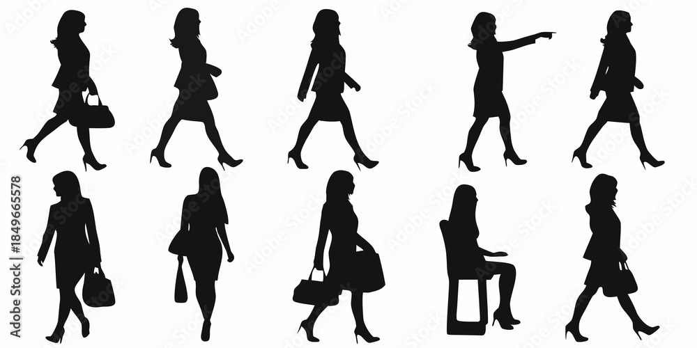 Obraz premium Silhouettes of women in various poses and stylish outfits walking and posing