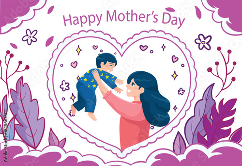 Romantic cartoon wedding couple kissing with hearts on Mother day design