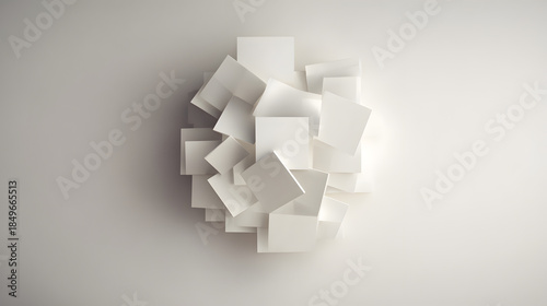 Geometric Harmony: An abstract composition of white geometric blocks arranged in a visually pleasing pattern. Minimalist design captures the play of light and shadow.