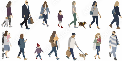 A collection of minimalist vector illustrations depicting people walking and interacting