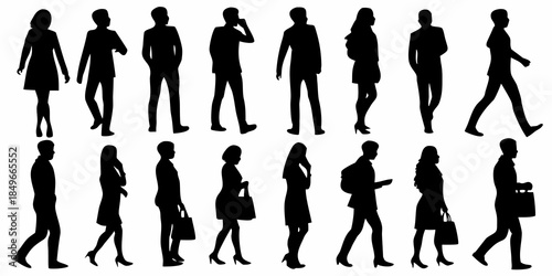 Silhouettes of diverse people walking and engaging in daily activities