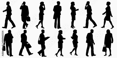 Silhouettes of diverse business people walking in various poses and attire