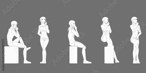An arrangement of five stylized human figures in various contemplative poses